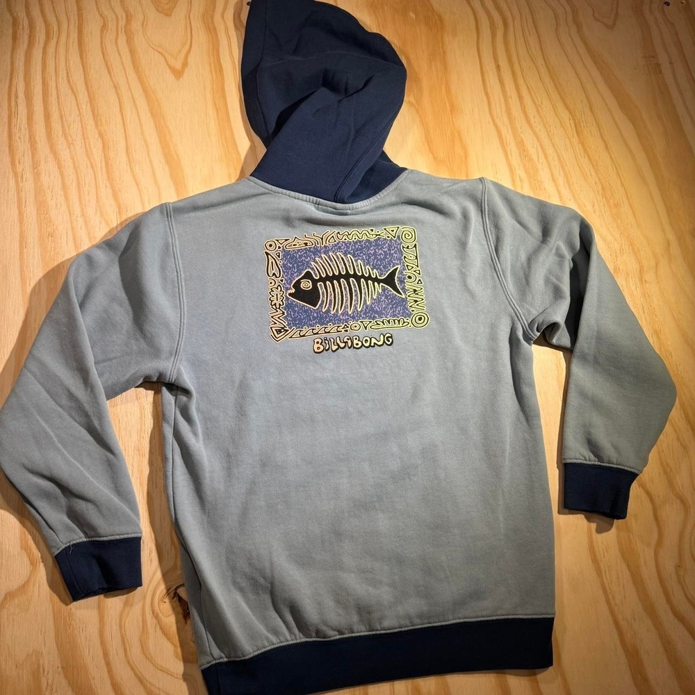 Y2K Billabong kids hoodie with black fish skeleton graphic